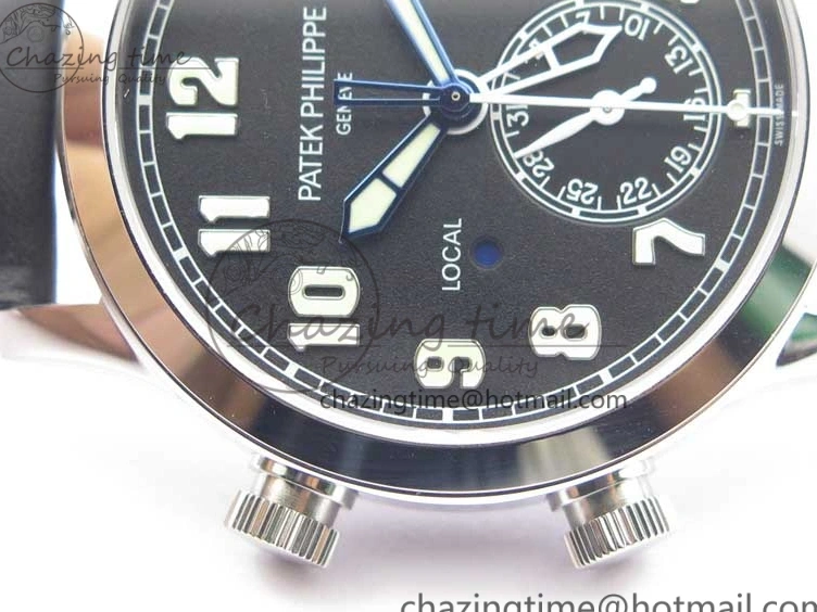 MIROTIME 0402 Stylish Calatrava 5524 Pilot Travel Time SS GRF Black Dial on Black Leather Strap A324 V 7108